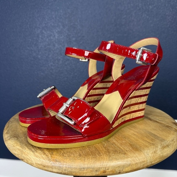 Michael Kors "Pacific" Patent Leather Striped Slingback Wedge Sandals, Size 10 - Picture 1 of 9